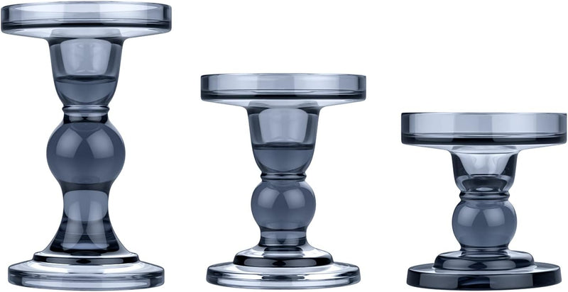 Lewondr Glass Candle Holders, 3 Pieces Crystal Clear Candlesticks with Elegant Design for Pillar Taper Candle and Tea Light, Home Table Living Room Wedding Party Decorations Home Décor - Clear