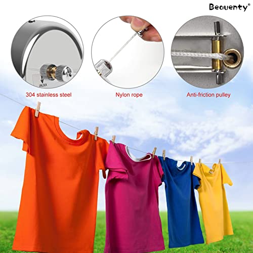 Beauenty Retractable Clothesline 304 Stainless Steel, Wall Mounted Clothes Dryer, Round and No Punching, Polished Chrome Finish, Heavy Duty Adjustable Nylon Rope (2.8M)