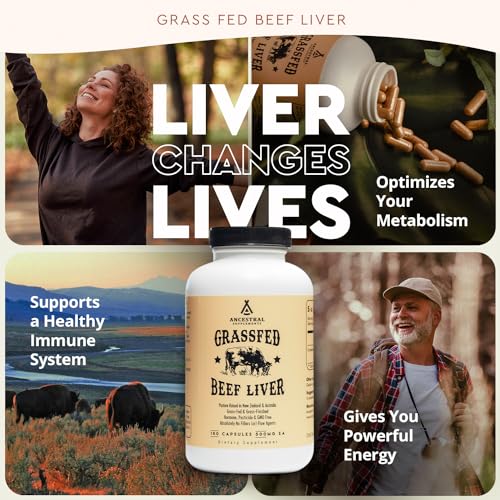 Ancestral Supplements Grass Fed Beef Liver Desiccated Natural Iron, Vitamin A, B12 for Energy (180 Capsules)