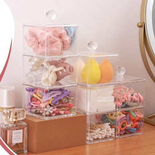 BLVRYVIO Hair Accessories Organizer, Bathroom Containers for Headbands, Bows, Ties, Tools, Scrunchies, Cotton Swab Organization - Clear 3 Stackable Acrylic Holder With Lids