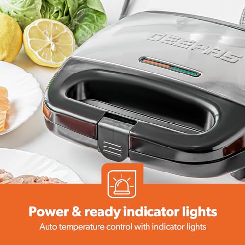 Geepas Portable Powerful 2 Slice Grill Maker with Non-Stick Coated Plates With Safety Locks,Cool Touch Handle & Skid- Resistant Feet, Power On & Ready Light Indicators 750 W GGM6001 Black
