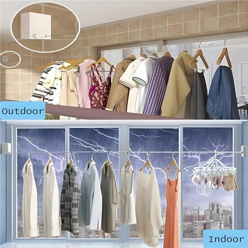Xspring Retractable Clothesline, Self Adhesive Wall Mounted Telescopic Clothesline, 4.2M Retractable Clothesline Indoor Stainless Steel Adjustable for Hanging Clothesline in Hotels (White)