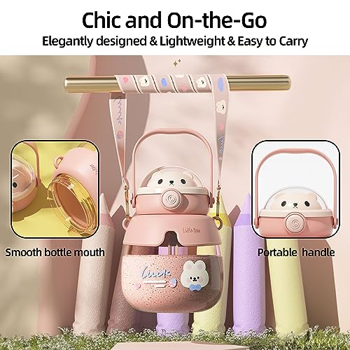YumLock Kawaii Water Bottle for Kids School with Straw | Cute Bear Design | Large Capacity | Leak-Proof | BPA-Free | Reusable Girls & Women Cup for Travel, Sports, Camping | 860ml, Blue