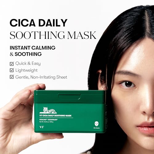 VT COSMETICS Daily Soothing Mask 30ea | Facial Sheet Mask for Moist & Hydrating, 30 Day Supply, Centella Asiatica Face Mask, Instant Calm & Glow, Korean Skincare
