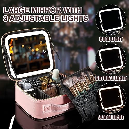 NBLE Travel Makeup Bag with LED Lighted Mirror, Adjustable Brightness LED Cosmetic Case with Divider Storage,Waterproof Portable Make Up Travel Box Accessories And Tools Case