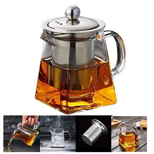 AZSCYN 550ML/18OZ Square Glass Teapot with Heat Resistant Stainless Steel Infuser Perfect for Tea and Coffee, Clear Leaf Teapot with Strainer Lid gift for your family or friends (550ML)