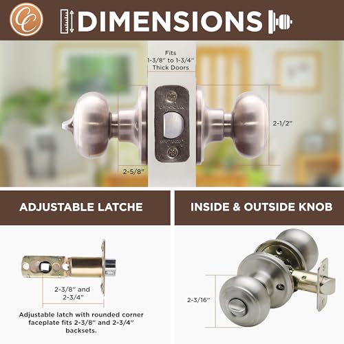 Copper Creek Satin Stainless Door Knobs - Round Colonial Knob with Privacy Locking Function for Home Improvement, 1 Pack - Fits All Standard Doors - Locking Door Knob for Bedroom and Bathroom Use