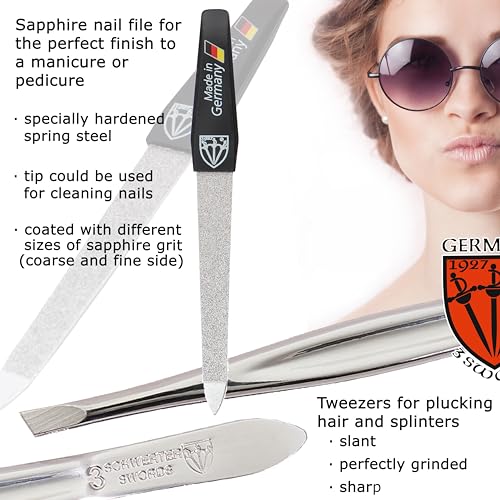 3 Swords Germany - Brand Quality 4 Piece Manicure Pedicure Grooming kit Set for Professional Finger & Toe Nail Care Tweezers File Clipper Fashion Leather case in Gift Box, Made by 3 Swords (77211)