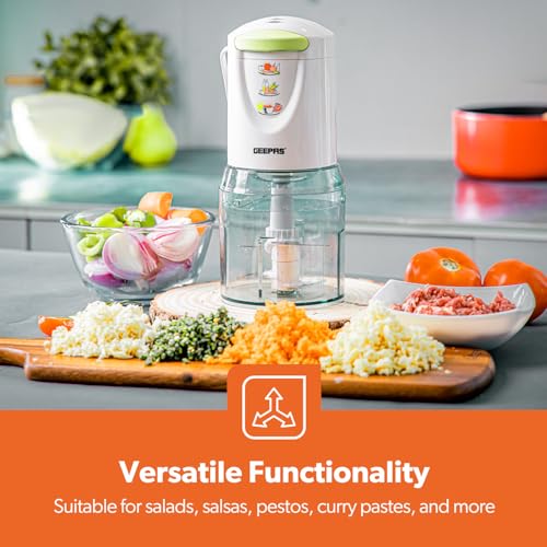 Geepas Mini Food Processor, 500W, 500ml, 4 Blades, 2 Levels, Stainless Steel for Blending and Chopping Salads, Sauces, Curries, Pesto, 2 Years Warranty, Model GC5477, Clear