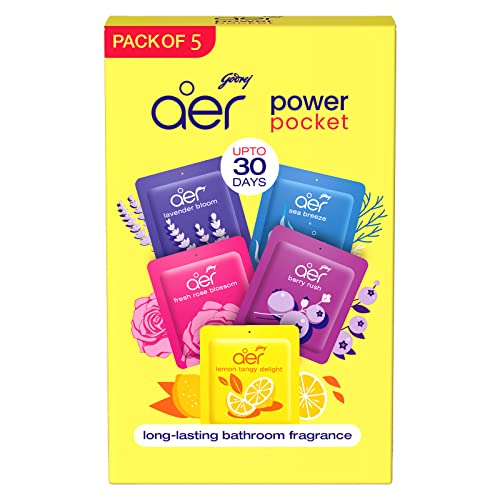 Godrej aer Power Pocket Air Freshener- Bathroom And Toilet Lasts Up To 30 Days Assorted Pack Of 5 (50G), Multicolour, 40017848