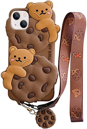 Yatchen for iPhone 13 Case Cookie Bear Kawaii Phone Cases,Cute iPhone 13 Case with Strap Lanyard Keychain 3D Cartoon Bear Soft Silicone Protective Case Funny for iPhone 13 Women Girls