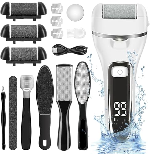 Electric Callus Remover for Feet | Rechargeable Foot File, Electric Foot Scrubber | 18 Piece Pedicure kit for Cracked Heels & Dead Skin with 3 Roller Heads By Quantum Lux (White)