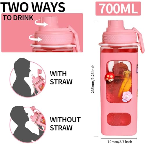 X spring Water Bottle for Girls, 700ml Portable Cute Kids Water Bottles with Straw, Large Capacity Square Drinking Bottle with Adjustable Shoulder Strap, Suitable for School and Travel Use
