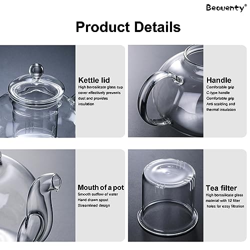 Beauenty 600ML Borosilicate Glass Teapot with Removable Loose Tea Infuser,Tea Pot with Dustproof Lid for Tea and Coffee Maker (600ML)