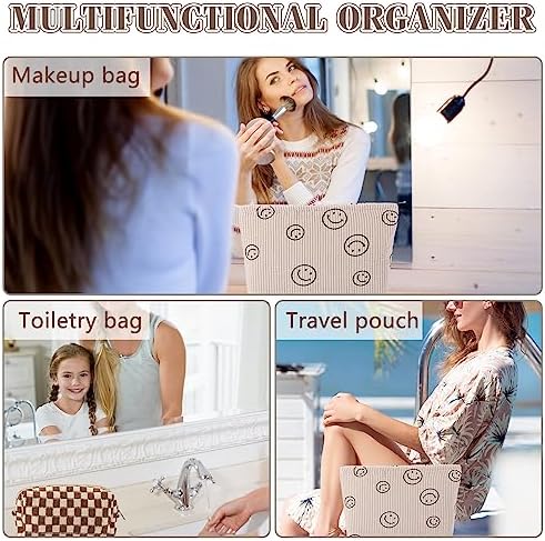 ZLFSRQ 3Pcs Checkered Makeup Bag for Women Large Cosmetic Bag Set Travel Toiletry Bag Makeup Pouch Bag for Purse Pink Zipper Storage Bag Organizer Cute Small Aesthetic Girls Car Essentials Bag