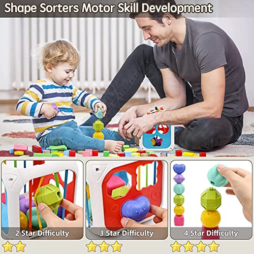 AM ANNA Baby Shape Sorting Toy, Montessori Sensory Activity Colorful Cube,7 in 1 Multifunction Educational Toys with Sensory Sorting Bin with Elastic Bands,Stacking Blocks for Ages 12 Months+