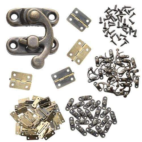 Prasacco 300-Piece Jewelry Box Hardware Set, includes 40 Jewelry Box Hinges 20 Antique Right Latches Hook Hasps 240 Replacement Screws, Small Decorative Hinges for Wooden Box Cabinet (Bronze Color)