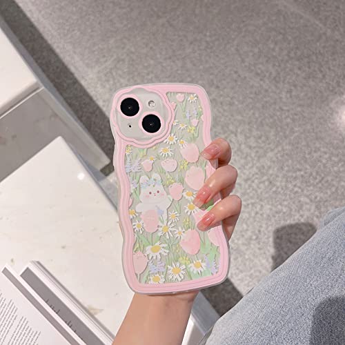 NITITOP Compatible for iPhone 13 Case, Cute Clear Cartoon Floral Rabbit with Heart Beaded Lanyard Wrist Strap for Women Girly, Soft TPU Full Protective Cover- Flower Rabbit