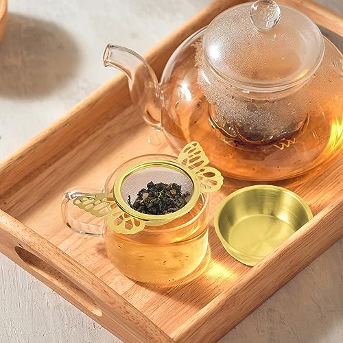 SYOSI 2 Pieces Tea Strainers with Drip Bowl, Fine Mesh Stainless Steel Loose Leaf Tea Filter with Butterfly Handle Reusable Tea Interval Diffuser for Loose Leaf Coffee Herbal Spice Juice Filter (Gold)