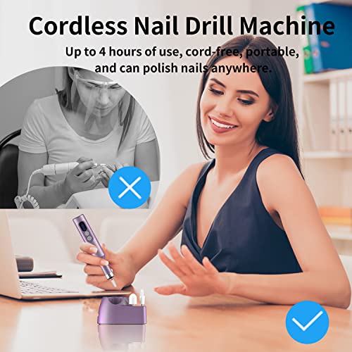 Ftrule Cordless Electric Nail Drill, Portable Professional Rechargeable Efile Nail File Machine with Nail Drill Bits, Sanding Bands for Acrylic Gel Nails, Manicure Pedicure Polishing, Purple