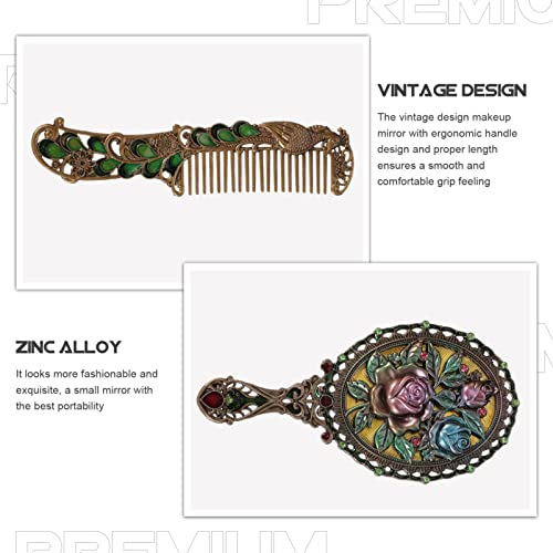 Antique Handheld Mirror and Hair Brush Set, Elegant Travel Makeup Tools for Women and Girls, Vintage Beauty Accessories