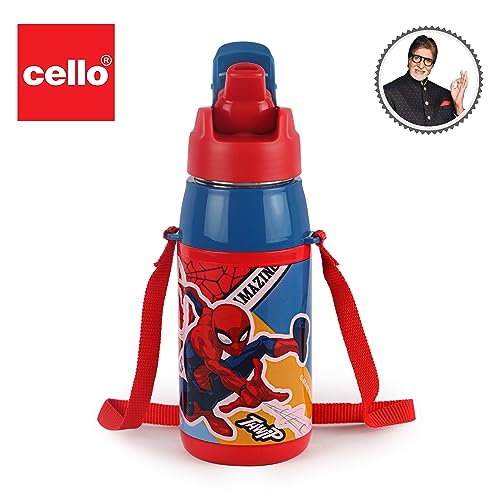 CELLO Puro Steel-X Hydra Kid 400 Water Bottle | PU Insulation | School Bottle | Picnic Bottle | Cold Insulation | Leak Proof | Kids Bottle | Easy to Carry | Spiderman Print | 400ml | Red