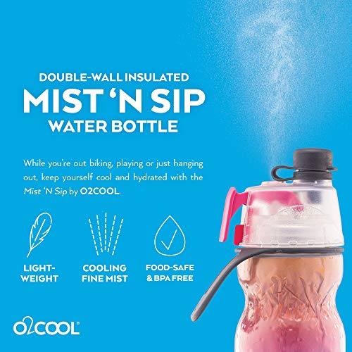 O2COOL Mist N' Sip Insulated Water Bottle - 20 oz, Raspberry Ombre Color | 2-in-1 Function, Double-Wall Insulation, BPA-Free | Perfect for Sports, Cycling & Outdoor Activities