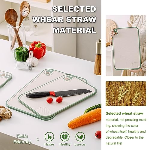 BIGTHREE Cutting Board for Kitchen, Wheat Straw Cutting Board Set of 3, Thick Chopping Board for Meat Veggy Fruit Food, Easy Grip Handle, Cutting Tool Kitchen Cook Supplies, Strap Hole Easy Hanging