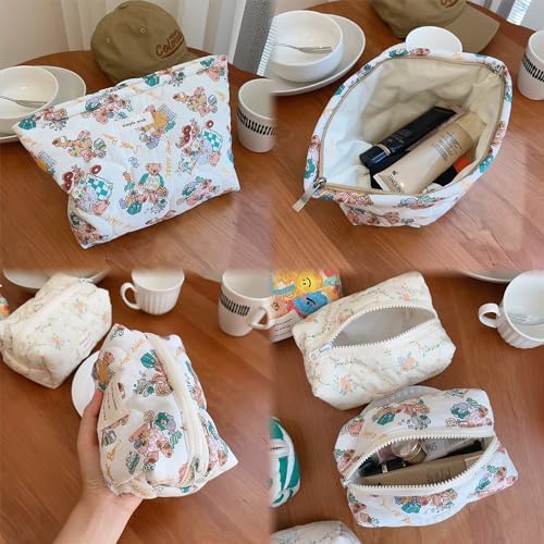 Sminra Floral Makeup Bag Large Cotton Quilted Cosmetic Makeup Bag Organizer, Aesthetic Portable Pouch Purse Toiletry Bag for Women Girls Travel accessories(Blue Floral-L)