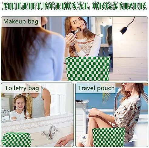 ZLFSRQ 3Pcs Checkered Makeup Bag for Women Large Cosmetic Bag Set Travel Toiletry Bag Makeup Pouch Bag for Purse Pink Zipper Storage Bag Organizer Cute Small Aesthetic Girls Car Essentials Bag