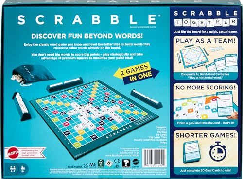Scrabble Board Game, Family Word Game with Two Ways to Play, includes 50 Goal Cards that Teach Scrabble Basics for 2-4 Players