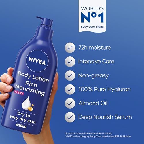 NIVEA Body Lotion for Dry to Very Dry Skin, Rich Nourishing, 5in1 Complete Care, 72H Intense Moisture, 625ml