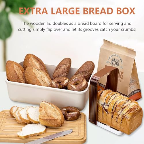 Angju Bread Box With Bamboo Wood Cutting Board Lid & Bread Slicer Holder, Rectangular Cream Color Bread Container For Kitchen Countertop, 40.5 * 21 * 13cm, Bread Storage Container