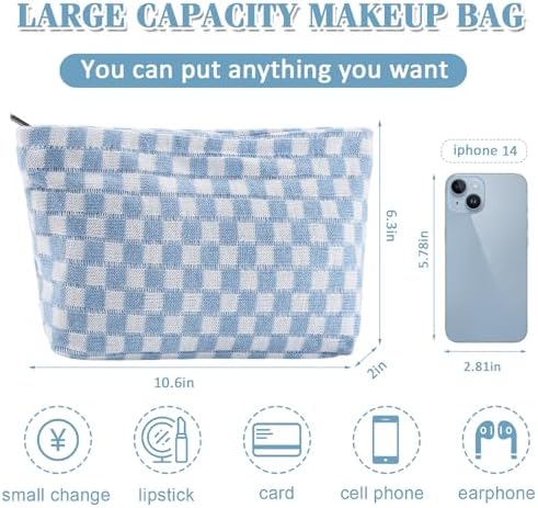 ZLFSRQ 3Pcs Checkered Makeup Bag for Women Large Cosmetic Bag Set Travel Toiletry Bag Makeup Pouch Bag for Purse Pink Zipper Storage Bag Organizer Cute Small Aesthetic Girls Car Essentials Bag