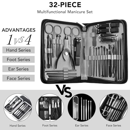 Professional Stainless Steel Nail Clipper Travel & Grooming Kit, 32pcs Pedicure Care Tools, Nail Tools Manicure & Pedicure Set, Stainless Steel Grooming Tools, for Travel