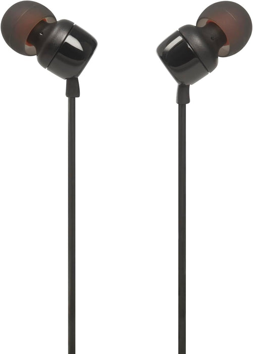 JBL Tune 110 Wired In-Ear Headphones, Deep and Powerful Pure Bass Sound, 1-Button Remote/Mic, Tangle-Free Flat Cable, Ultra Comfortable Fit - Black, JBLT110BLK