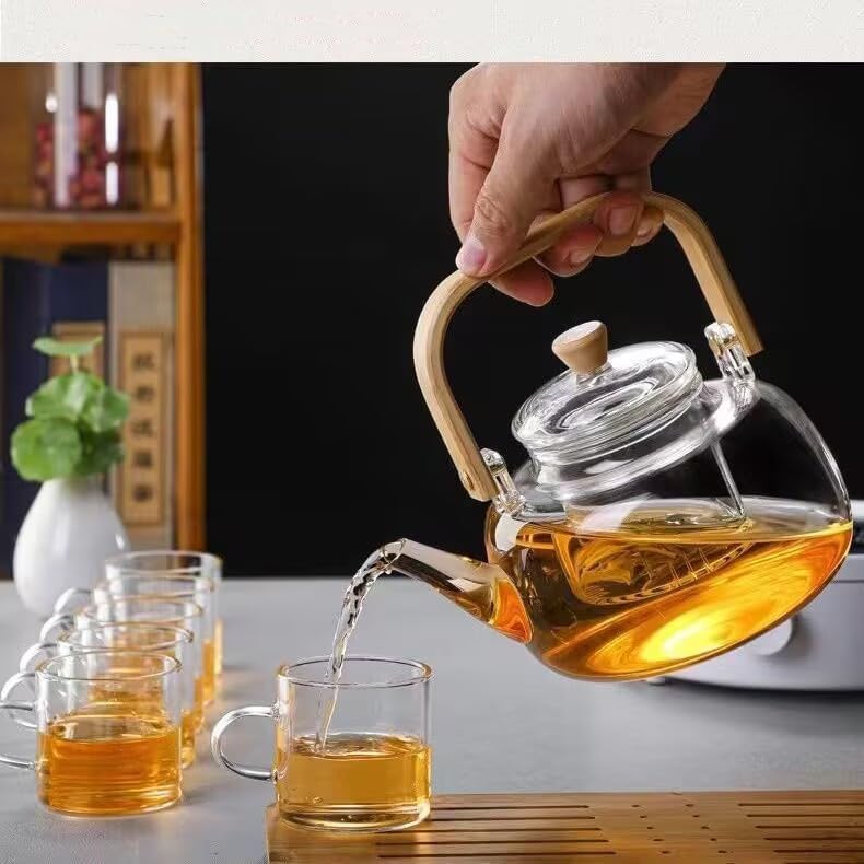 1L Borosilicate Glass Teapot Stovetop safe ï¼ŒLoose Leaf and Blooming Tea Maker, Christmas GiftGlass Tea Kettle with Wooden Handle,Large Size for Women and Adult (clear)