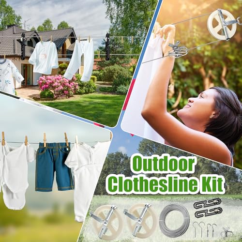 Anglekai Outdoor Clothesline Kit, Clothesline Pulley Kit Include 150FT Clothes Line/ 2 Pulley/ 2 Separator Spreader/Tightener/ 4 Hooks for Outdoor Clothes