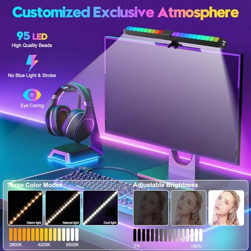 NEXT VOGUE Glare-Free Computer Light with 3 Modes 15 Colors RGB Backlight LED Monitor Light Bar Dimmable Screen Monitor Light USB Powered Computer Monitor Lamp for Home Office
