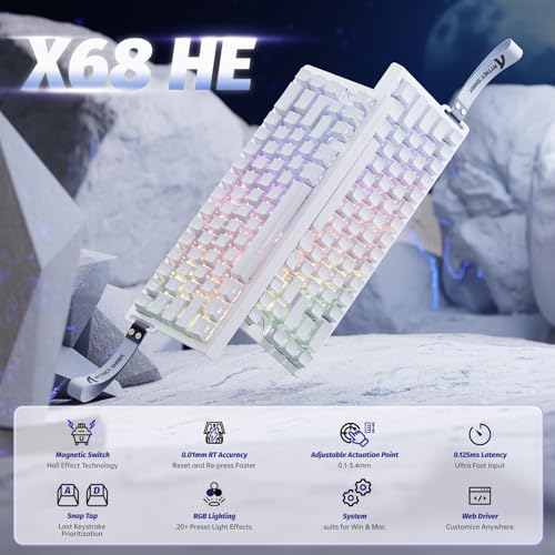 ATTACK SHARK X68 HE 8000Hz Rapid Trigger Keyboard, 0.01 mm RT Accuracy, Wired RGB 60% Gaming Keyboard with Magnetic Switches, Adjustable Actuation, Snap Tap, for PC/Mac, White Contours