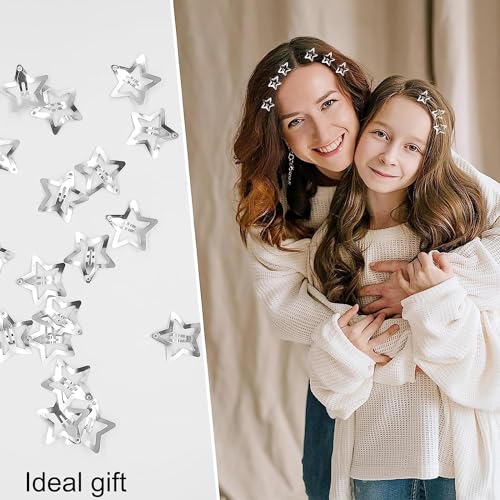20 PCS 1.22Inch Star Hair Clips, Snap Star Hair Clips, 2000s Y2K Silver Metal Hair Clips, Non Slip Star Clips, Star Hair Barrettes, Star Hair Accessories, Cute Hairclips, for Girls Women