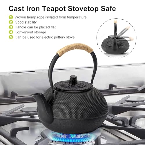 THE WHITE SHOP Cast Iron Teapot, Japanese Tetsubin Kettle Set with 2 Cups, Tea Infuser (1200 ml, Black)