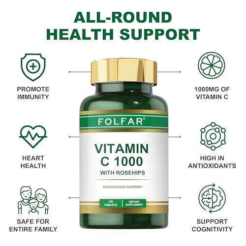 Folfar Vitamin C - 1000mg (120 Tablets) With Rose Hips| Antioxidant Protection, Boost Immune System & Supports Healthy Skin| 120 Daysâ€™Supply Ascorbic Acid Supplement | Non- GMO, Gluten Free