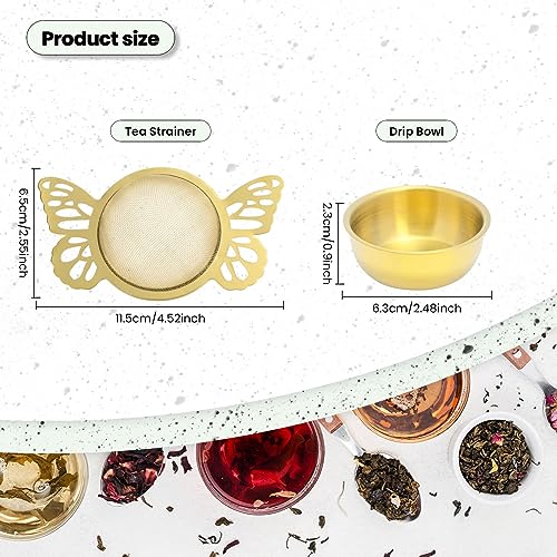 SYOSI 2 Pieces Tea Strainers with Drip Bowl, Fine Mesh Stainless Steel Loose Leaf Tea Filter with Butterfly Handle Reusable Tea Interval Diffuser for Loose Leaf Coffee Herbal Spice Juice Filter (Gold)