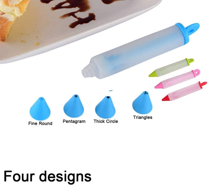 KASTWAVE Silicone Food Writing Pen Cake Decorating Tool, Practical Squeezing Cream Pen Chocolate Cake Decoration Tool with 4 Heads Cookie Icing Piping Pastry Nozzles for Bakery Kitchen 4Pcs