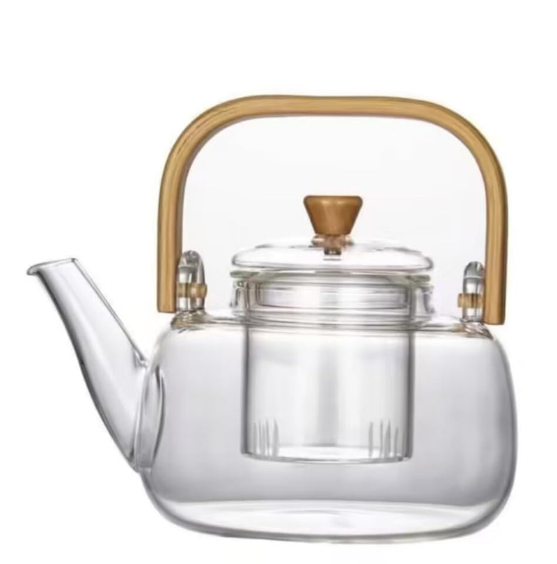 1L Borosilicate Glass Teapot Stovetop safe ï¼ŒLoose Leaf and Blooming Tea Maker, Christmas GiftGlass Tea Kettle with Wooden Handle,Large Size for Women and Adult (clear)