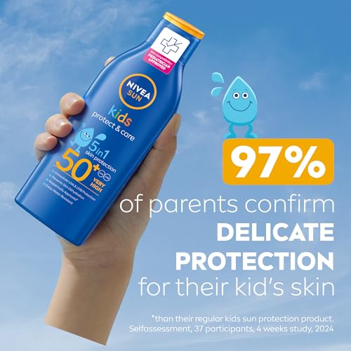 NIVEA SUN Kids Sunscreen Lotion, Protect & Care, SPF 50+, 5in1 Skin Protection, Very High and Immediate UVA & UVB Protection, Extra Water Resistant, 200ml