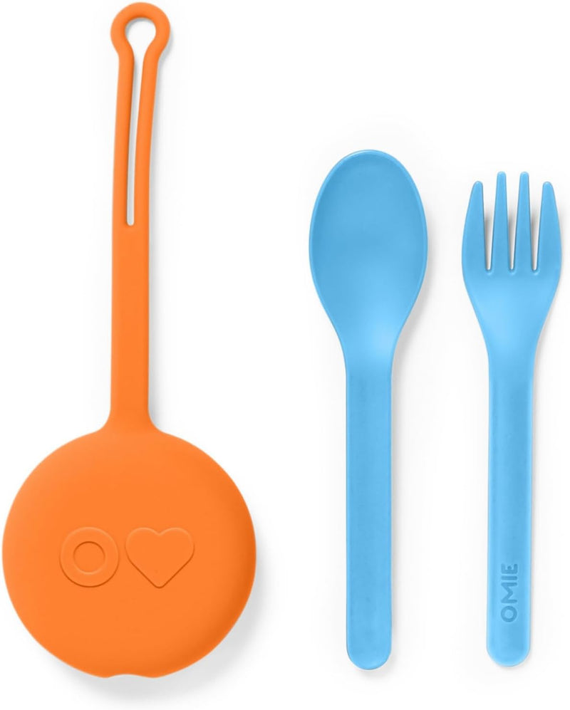 OmieBox Kids Utensils Set with Case - 2 Piece Plastic, Reusable Fork and Spoon Silverware with Pod for Kids (Capri Blue) - orange( )