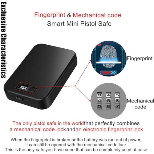 BACTI Quick-Access Pistol Safe, Portable Gun Safes for Pistols, Use 3-digit Combination Input + Fingerprint Unlocking, With a Portable Design, It Can Be Placed Wherever It Is Needed