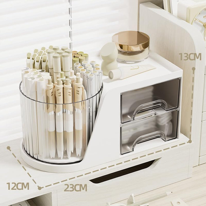 Excefore Modern Chic Desk Organizer with 2 Drawer, 360° Rotating Pencil Pen Holder, 5 Compartments + Drawer for Office Home Art Supplies, White